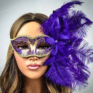 Purple feather masquerade mask mardi gras women